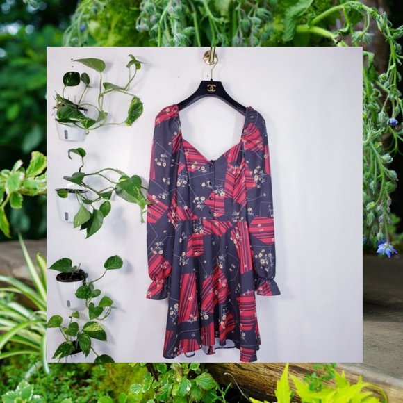 HIATUS Dress Floral Bohemian Mini Red Fall Floral Flowy Bell Long Sleeves Medium - Picture 1 of 10